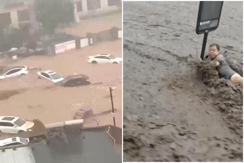 北京河北下破紀錄暴雨，道路變河流慘漂浮屍！多輛車連人被沖走生死未卜。（翻自微博+推特）