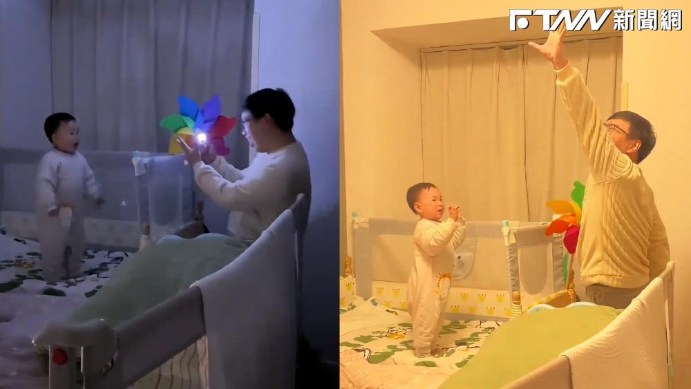 爸爸給兒子表演抓光的魔法。（圖／抖音：洛洛特煩惱）