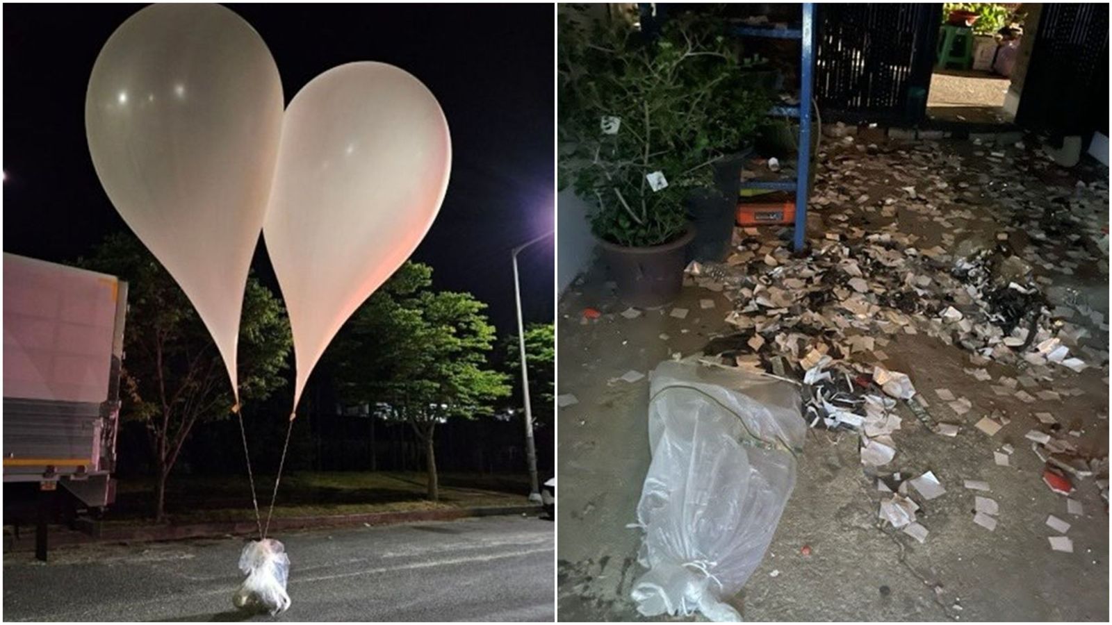 南北韓「氣球大戰」持續延燒，北韓投了數百顆垃圾氣球，而南韓的脫北團體空投了20個包含5千個裝有韓劇韓曲的USB大型氣球回擊。（翻攝自Ｘ）