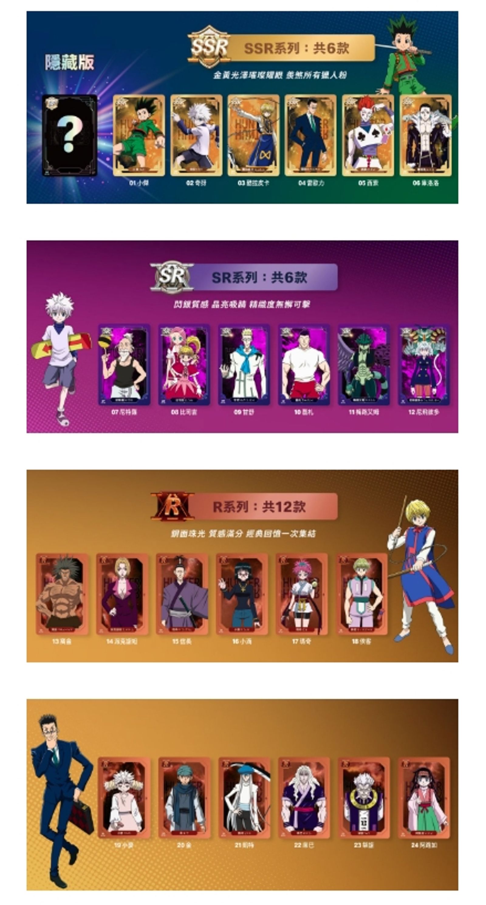 《獵人》角色盲卡包括24款＋1隱藏版經典角色，包括小傑、比司吉，還是奇犽、阿路加等，全套共25張。（翻攝自麥當勞官網）