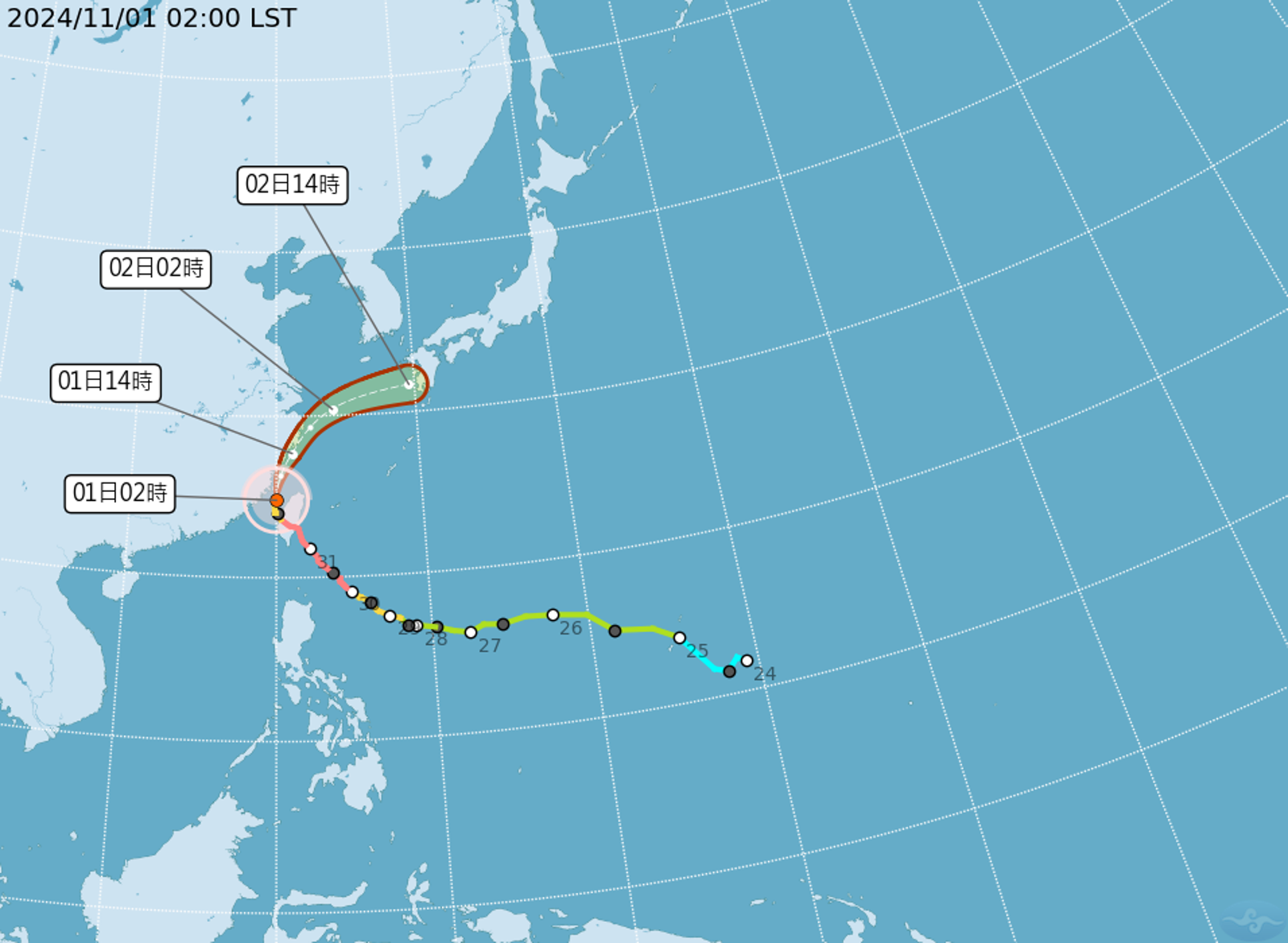 輕度颱風康芮1日早晨6時中心位於北緯26.2度、東經120.7度，即在馬祖東方約80公里處。（中央氣象署提供）