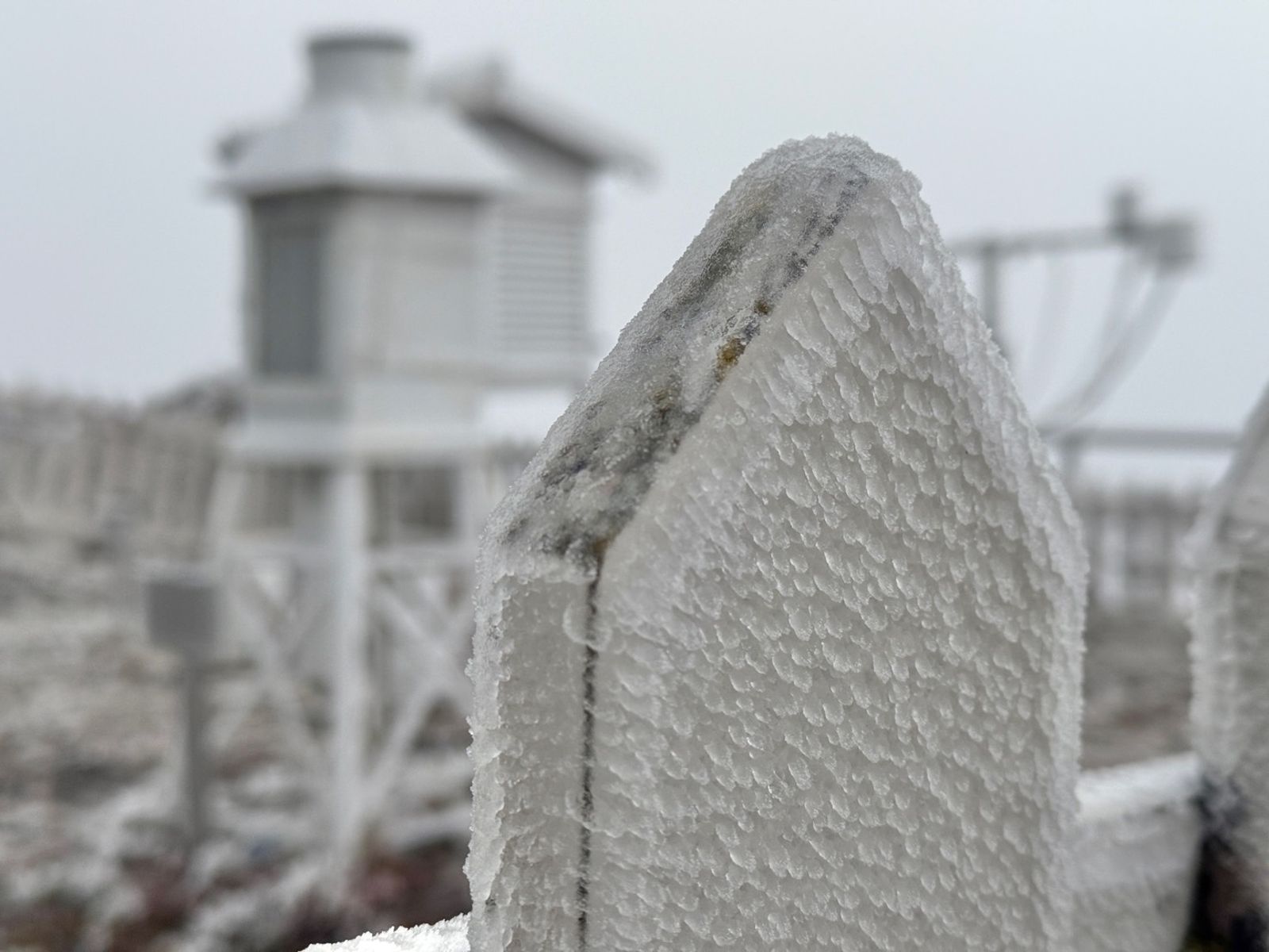 玉山氣象站今日清晨發生霧淞、雨淞，早上7時溫度-4.1度，溫度持續下降中。（中央氣象署提供）