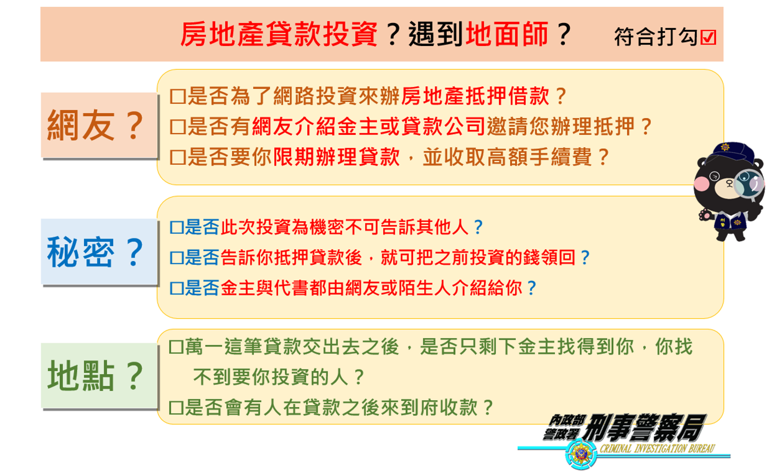 警政署與地政司邀請各地政公會一起研商「假投資真抵押地詐欺」，提醒民眾如何預防遭詐。（警政署提供）