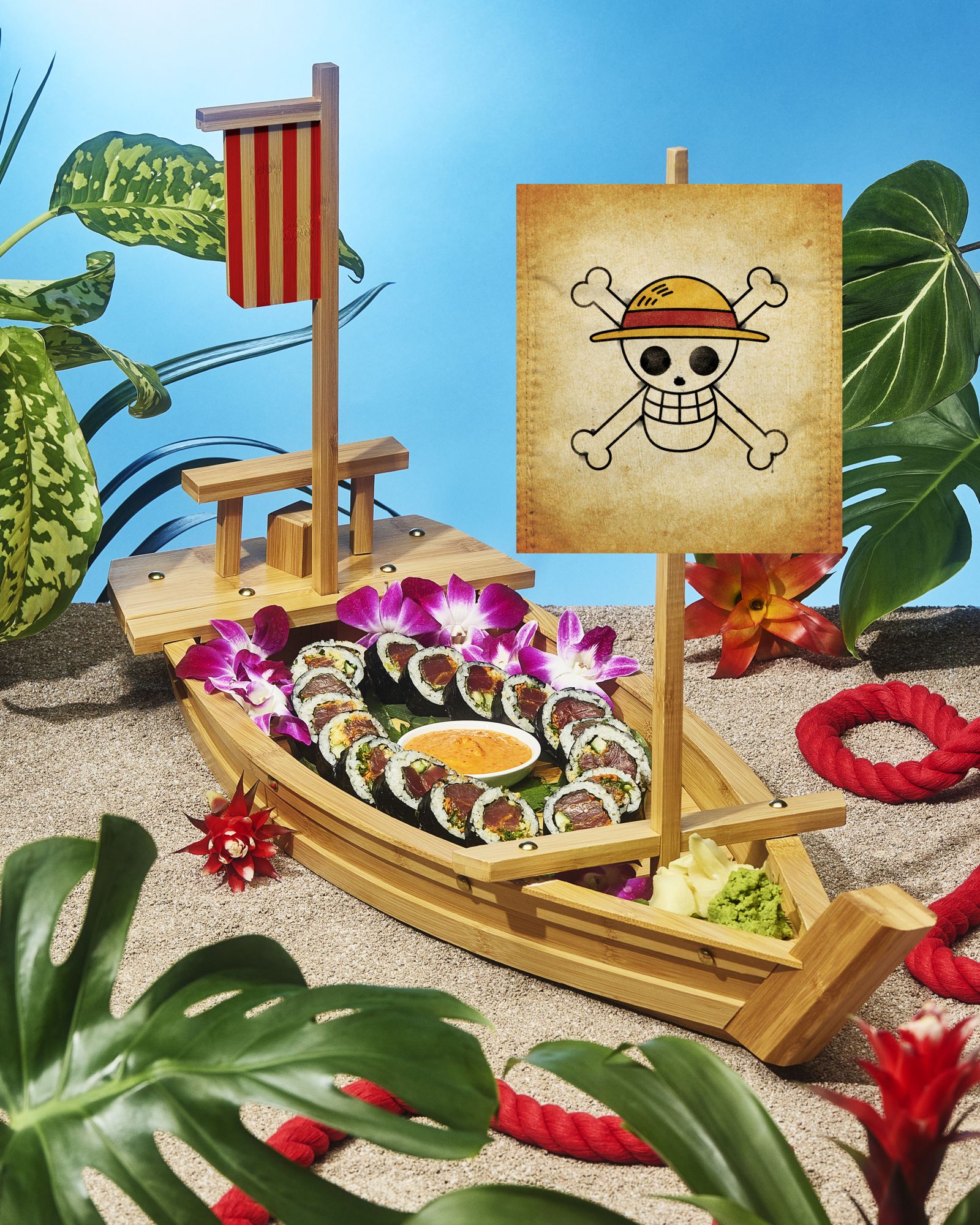 《ONE PIECE》梅利號造型的壽司，不，吃完不能盤子帶回。（Netflix提供）