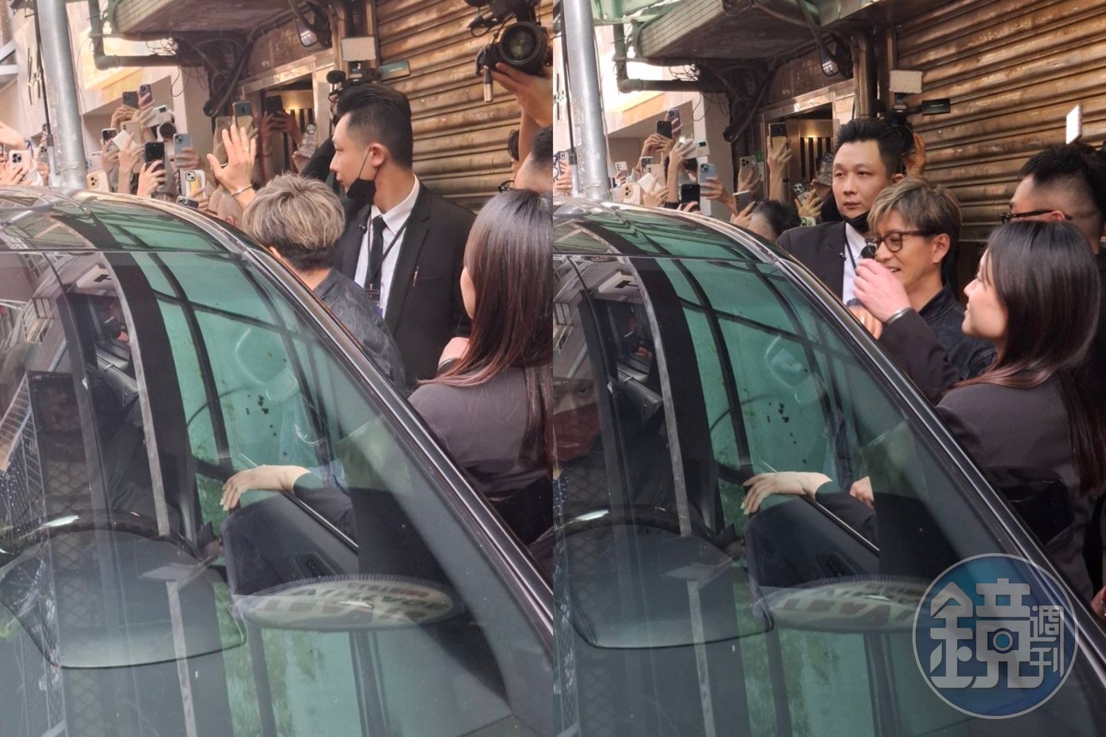 木村拓哉昨天離開赤峰街古著店時，已經上車還特地探頭出來揮手。（讀者提供）