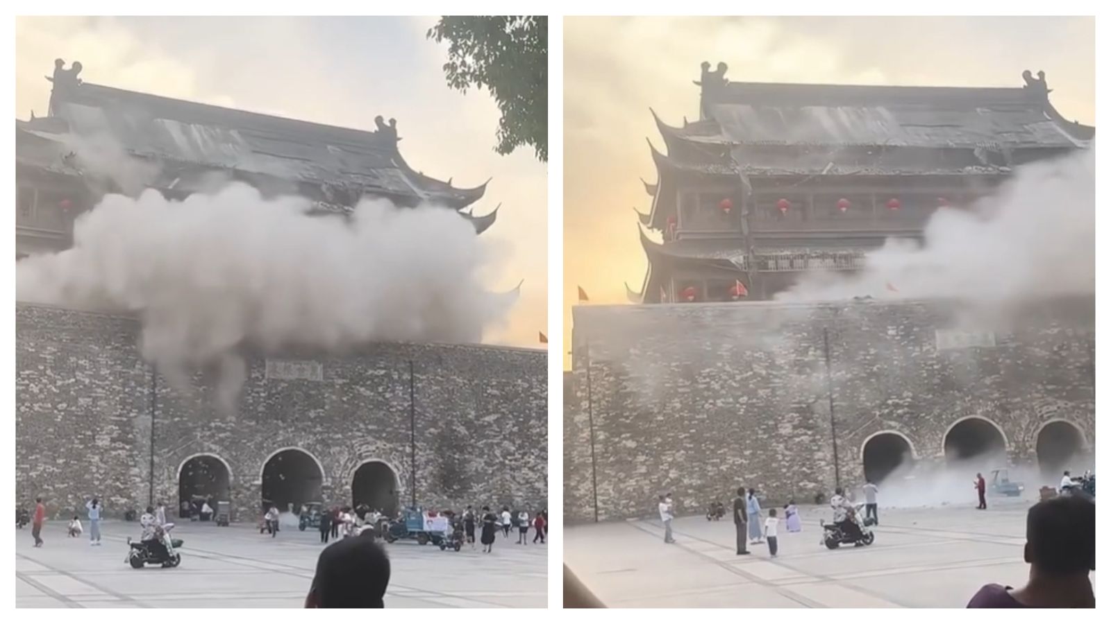 中國安徽鳳陽鼓樓維修工程甫結束1年多，600多年老建築瓦片崩落。（翻攝自微博）