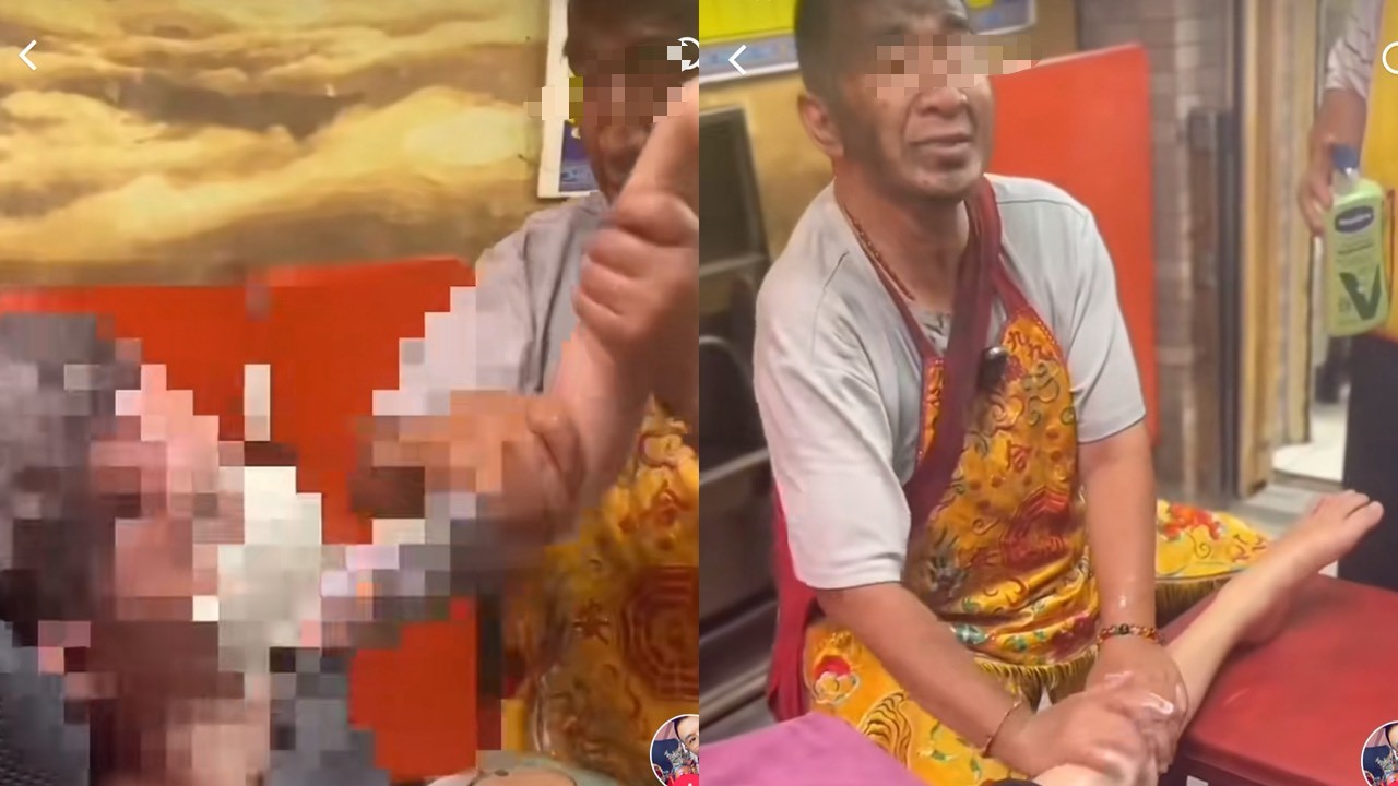 仁武地區某宮廟為一名疑似腦癱的民眾按摩長達1小時，並標註已開符令找回他的元神。（圖／取自鄭程月抖音）